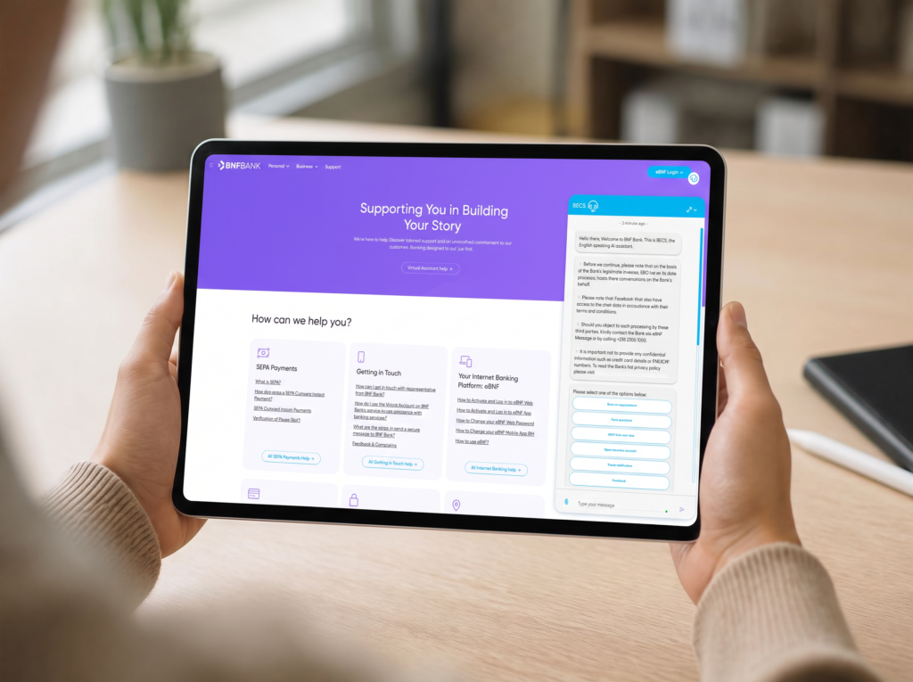 User accessing an EBO Virtual assistant on a tablet User accessing an EBO Virtual assistant on a tablet