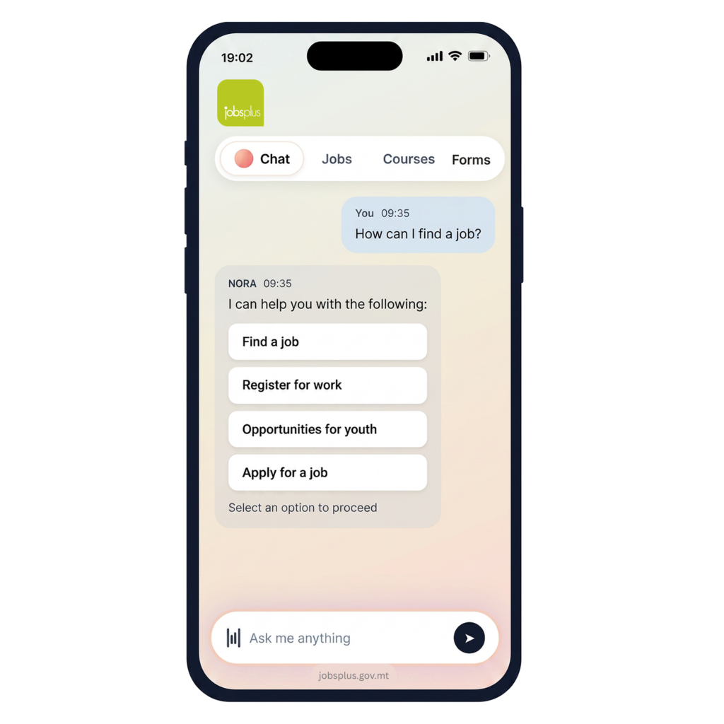 Mobile view of the JobsPlus AI assistant showing a conversation about applying for a work permit with a response explaining the application process Mobile view of the JobsPlus AI assistant showing a conversation about applying for a work permit with a response explaining the application process