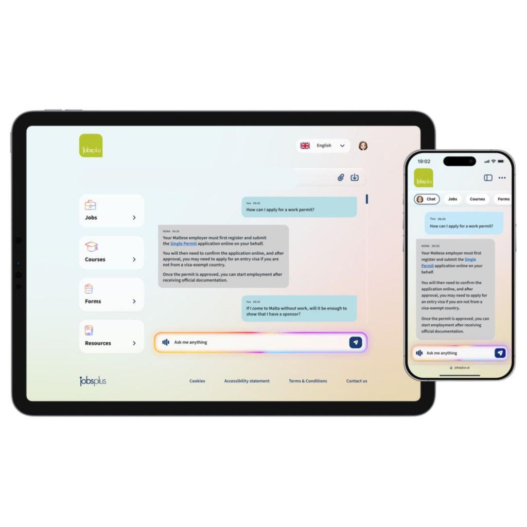 Responsive JobsPlus AI assistant interface displayed on a tablet and smartphone, showing the Virtual assistant with navigation for Jobs, Courses, Forms, and Resources. Responsive JobsPlus AI assistant interface displayed on a tablet and smartphone, showing the Virtual assistant with navigation for Jobs, Courses, Forms, and Resources.