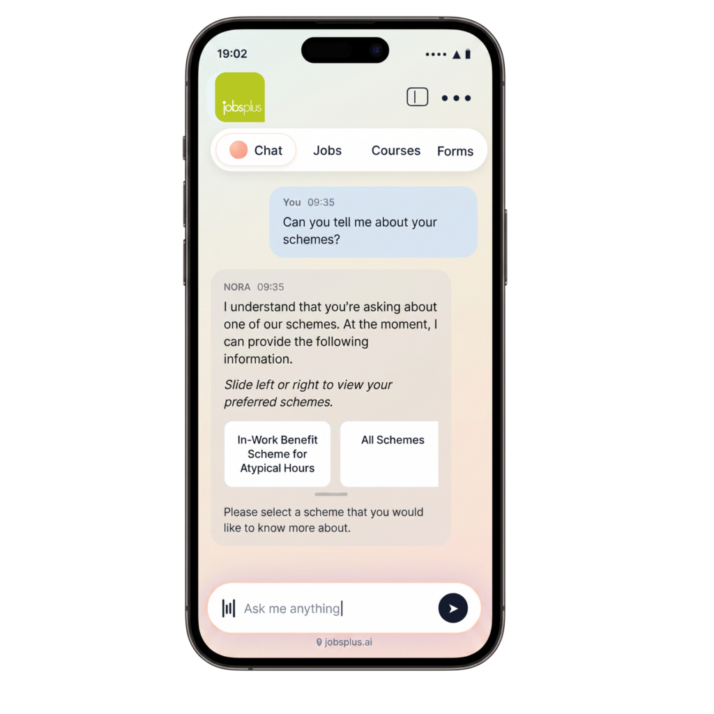 Mobile view of the JobsPlus AI assistant showing a conversation about applying for a work permit with a response explaining the application process Mobile view of the JobsPlus AI assistant showing a conversation about applying for a work permit with a response explaining the application process