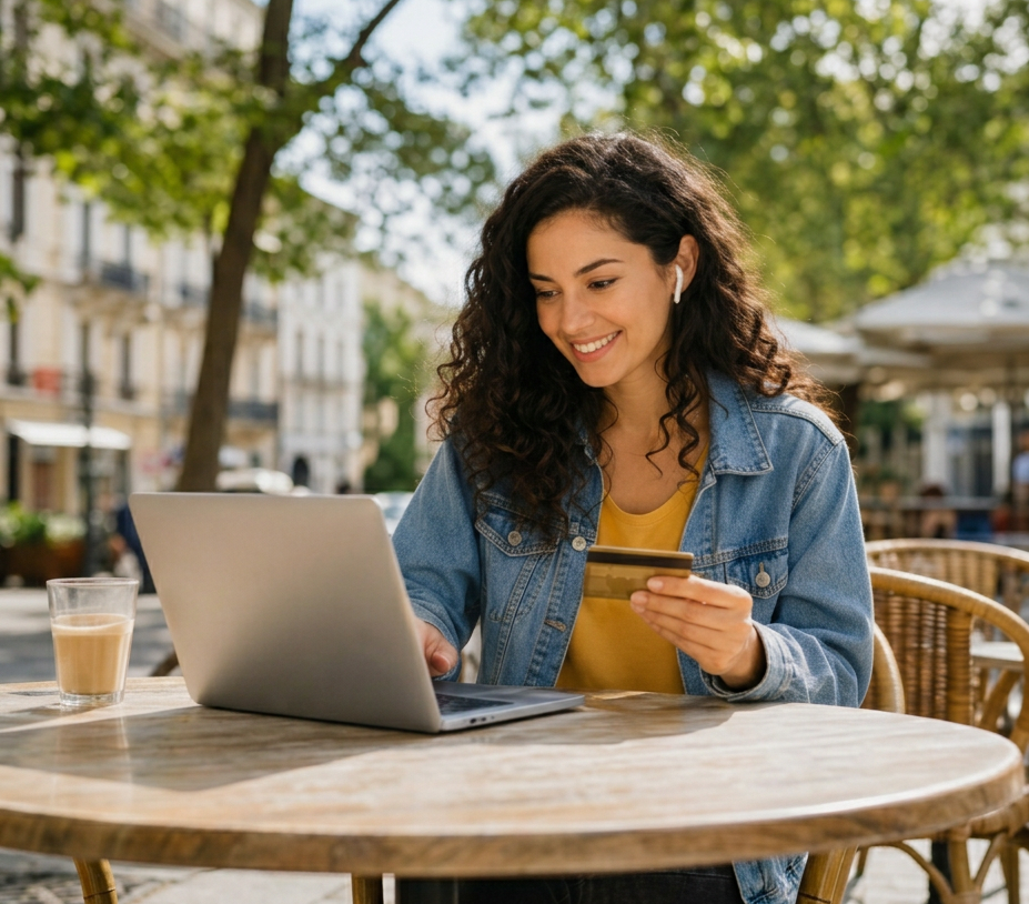woman using EBO Virtual Assistant on a laptop and holding a credit at a café. woman using EBO Virtual Assistant on a laptop and holding a credit at a café.